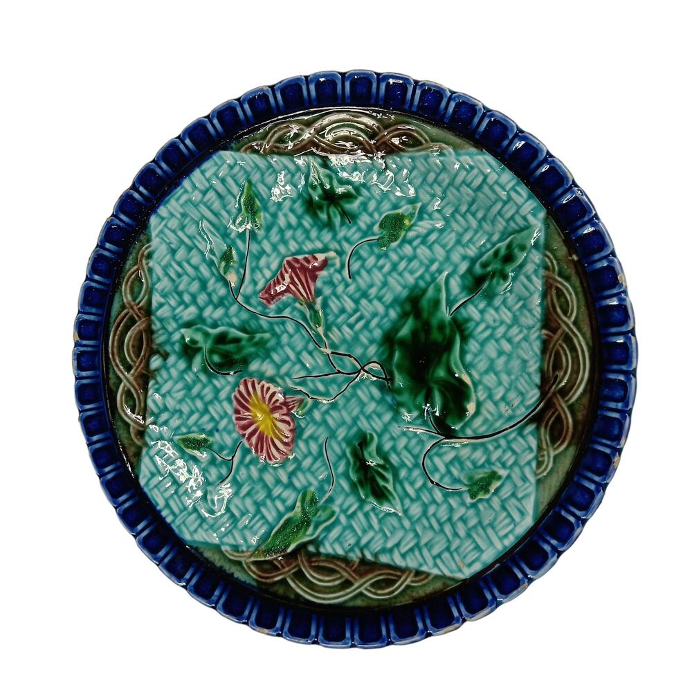 Vintage Majolica Plate with Morning Glory Circa 1900 Green and Blue 7.75" diam